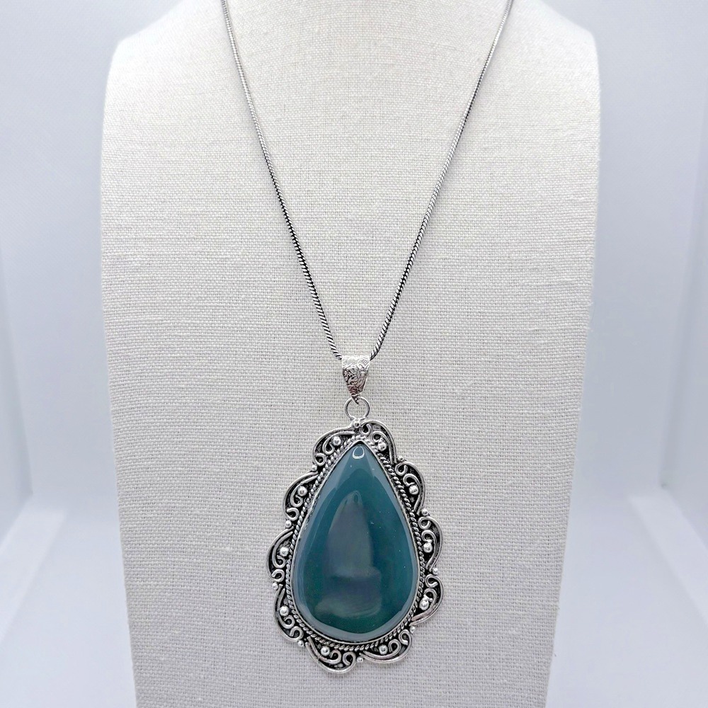 Teardrop Green Onyx German Silver Pendant Necklace Chain 19" Ornate Scroll